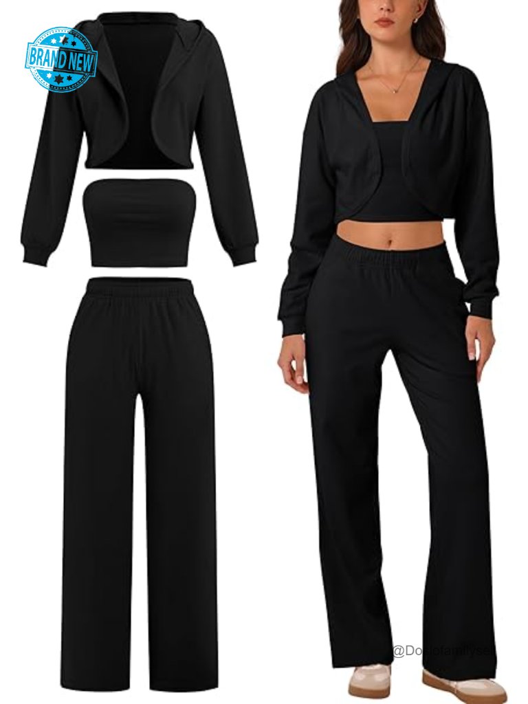 3 Piece Brushed Jersey Cropped Shrug Bandeau Top Wide Leg Sweatpants Set